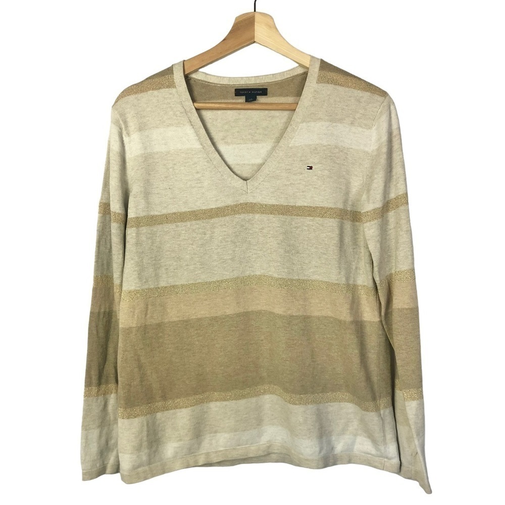 Tommy Hilfiger Lurex‎ Metallic Beige Stripe V-Neck Sweater L